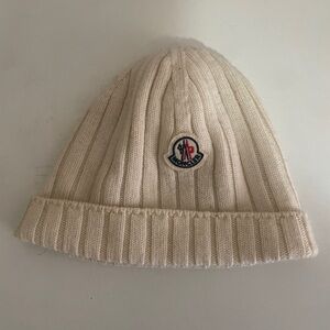 Moncler Kids Ribbed Knit Hat in Cream